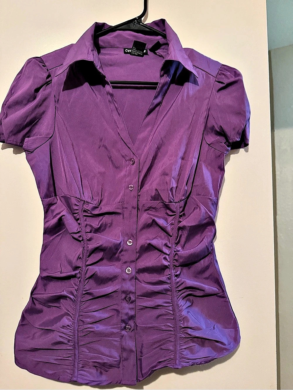 Cotton Express Ruched Short Sleeve Blouse in Purple Size Medium